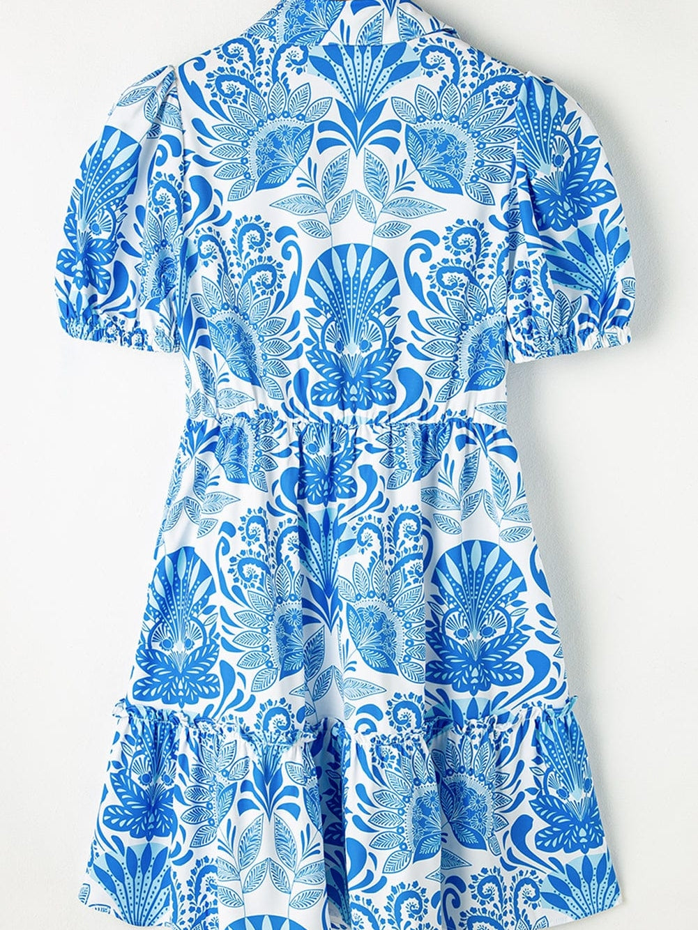 Sky Blue Floral Print Ruffled Mini Dress with Drawstring Waist