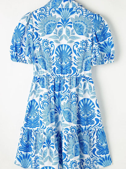 Sky Blue Floral Print Ruffled Mini Dress with Drawstring Waist