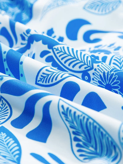 Sky Blue Floral Print Ruffled Mini Dress with Drawstring Waist