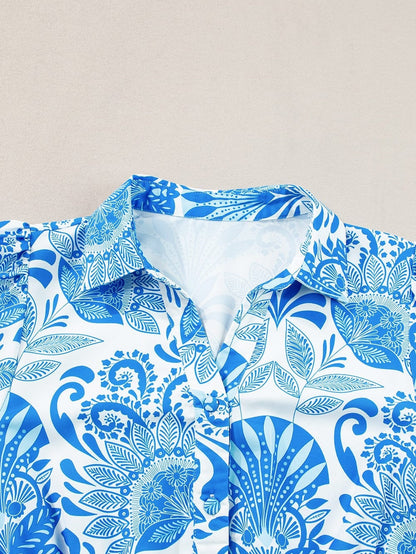 Sky Blue Floral Print Ruffled Mini Dress with Drawstring Waist