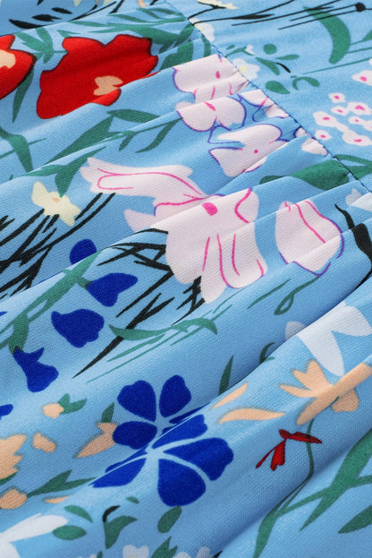 Sky Blue Floral V-Neck Ruffle Sleeve Ruffled Dress