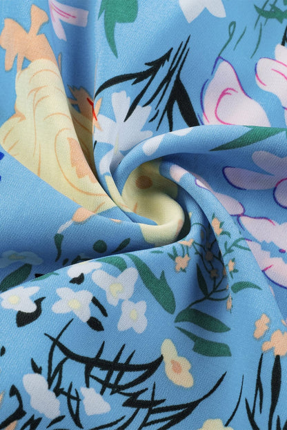 Sky Blue Floral V-Neck Ruffle Sleeve Ruffled Dress