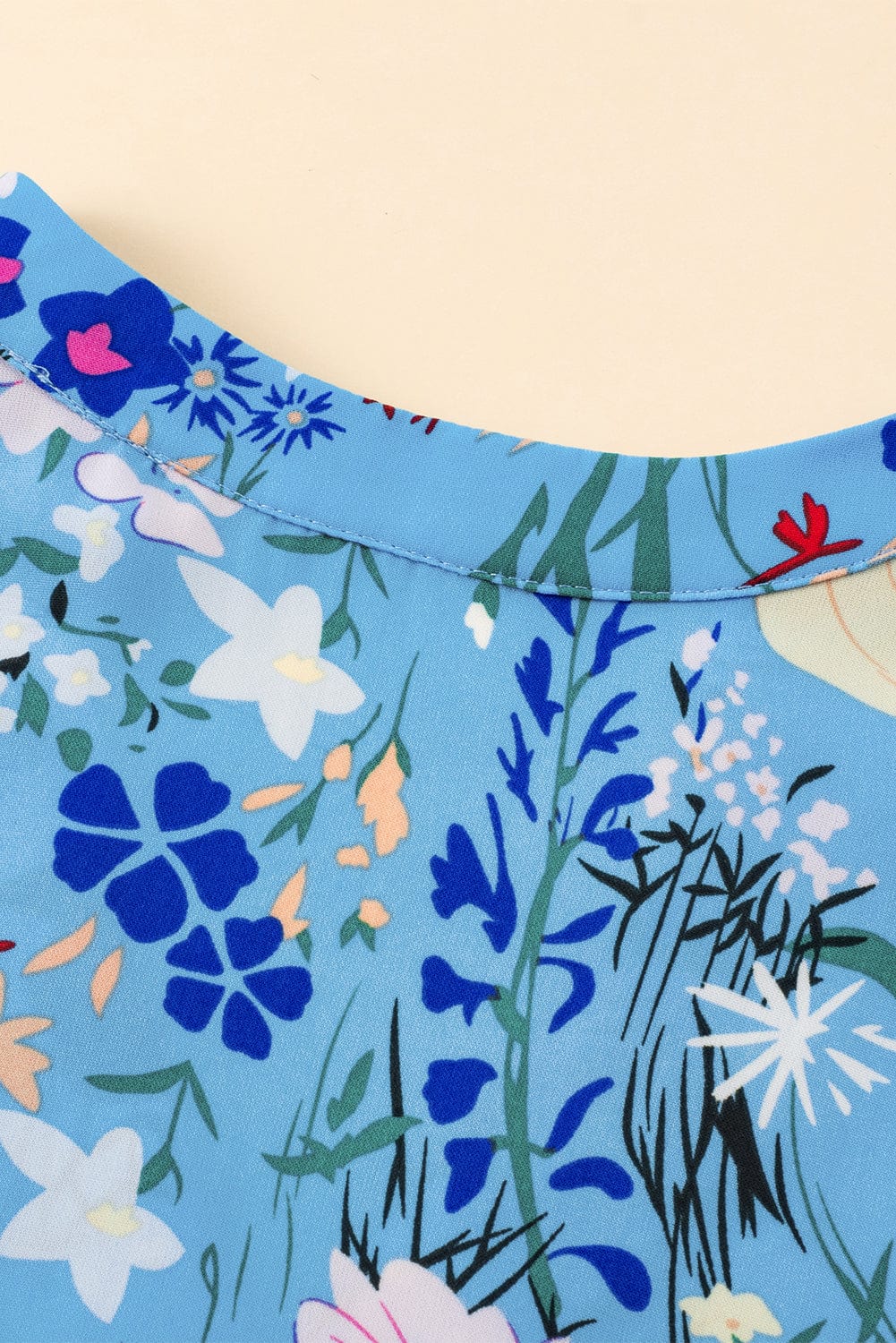 Sky Blue Floral V-Neck Ruffle Sleeve Ruffled Dress