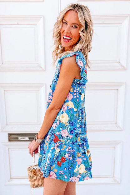 Sky Blue Floral V-Neck Ruffle Sleeve Ruffled Dress