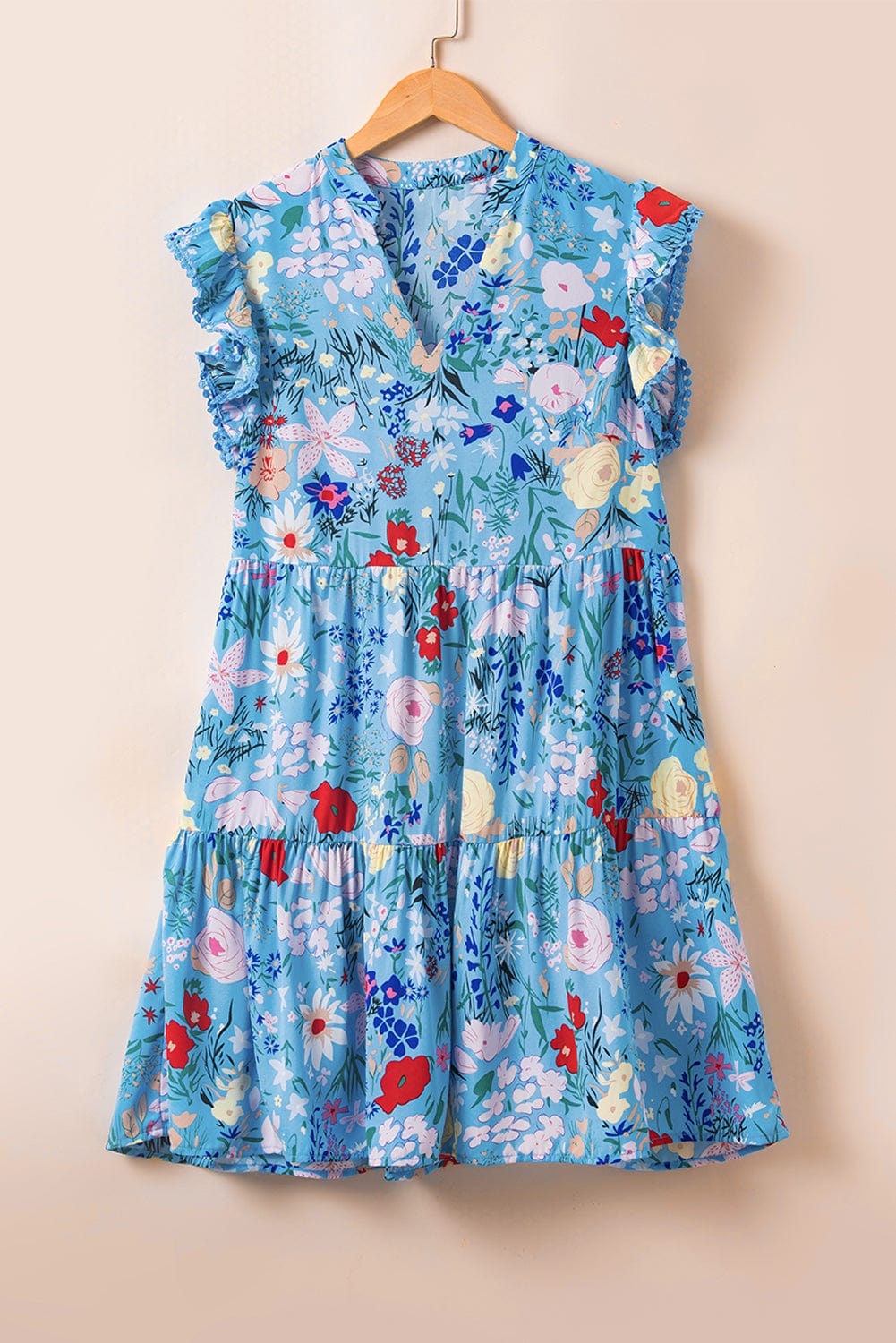 Sky Blue Floral V-Neck Ruffle Sleeve Ruffled Dress