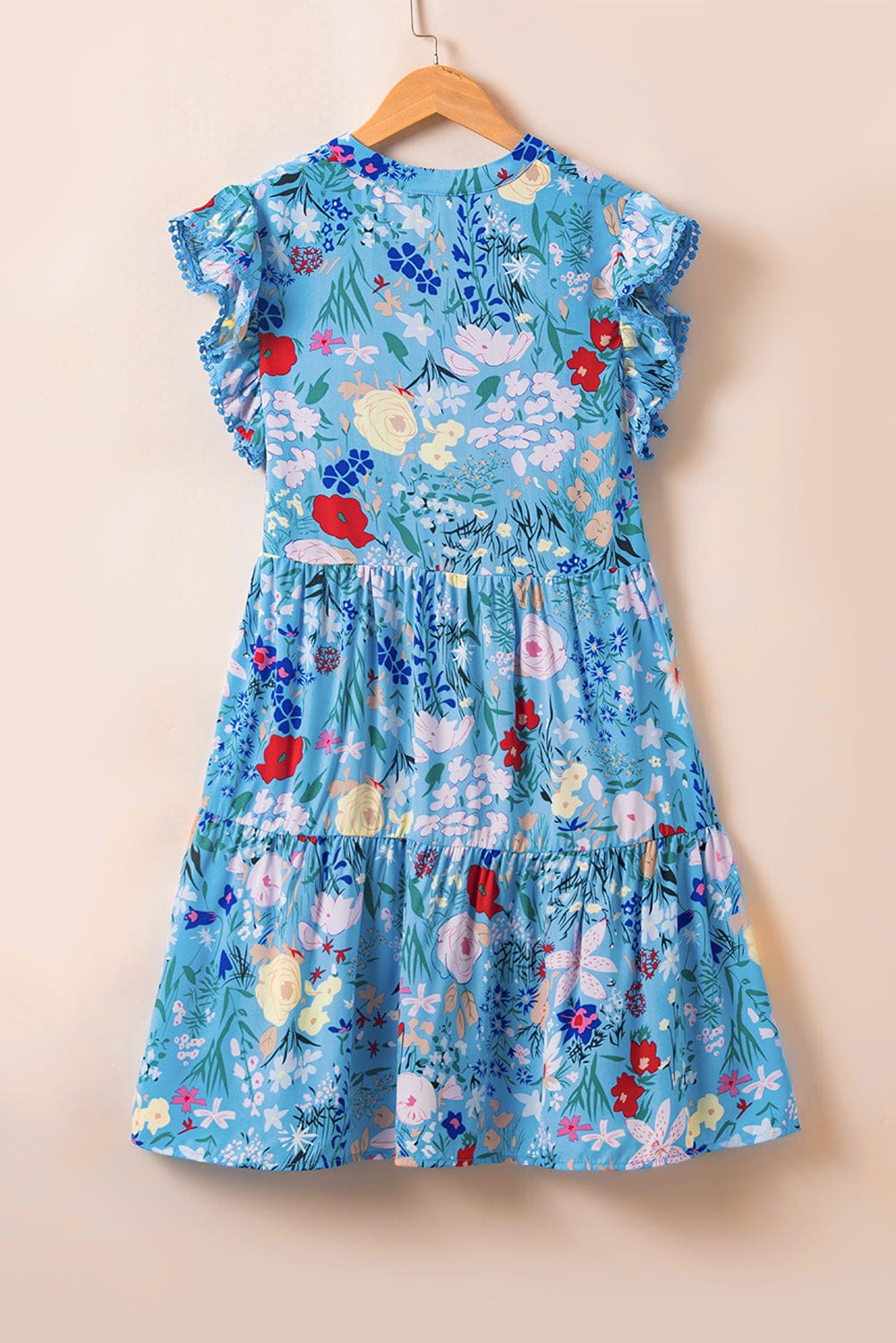 Sky Blue Floral V-Neck Ruffle Sleeve Ruffled Dress
