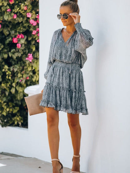 Sky Blue Leopard Print Smocked Puff Sleeve Tiered Ruffled Mini Dress