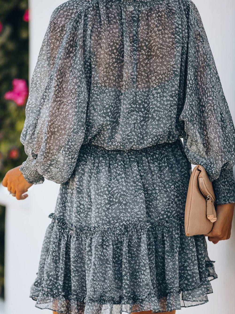 Sky Blue Leopard Print Smocked Puff Sleeve Tiered Ruffled Mini Dress