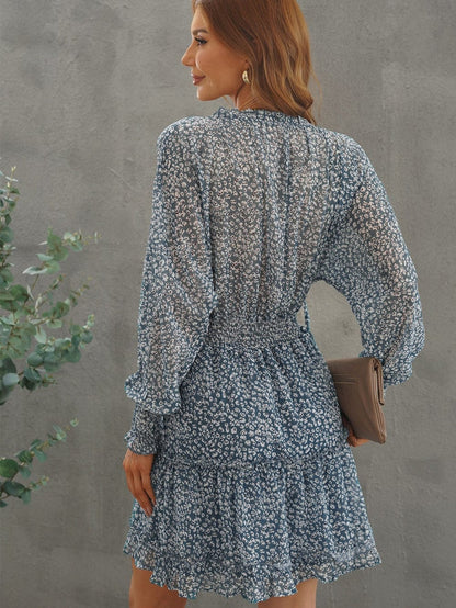 Sky Blue Leopard Print Smocked Puff Sleeve Tiered Ruffled Mini Dress