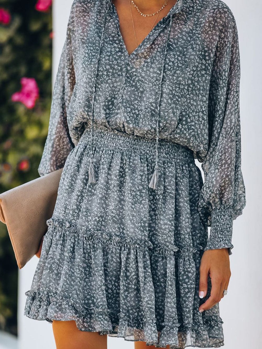 Sky Blue Leopard Print Smocked Puff Sleeve Tiered Ruffled Mini Dress