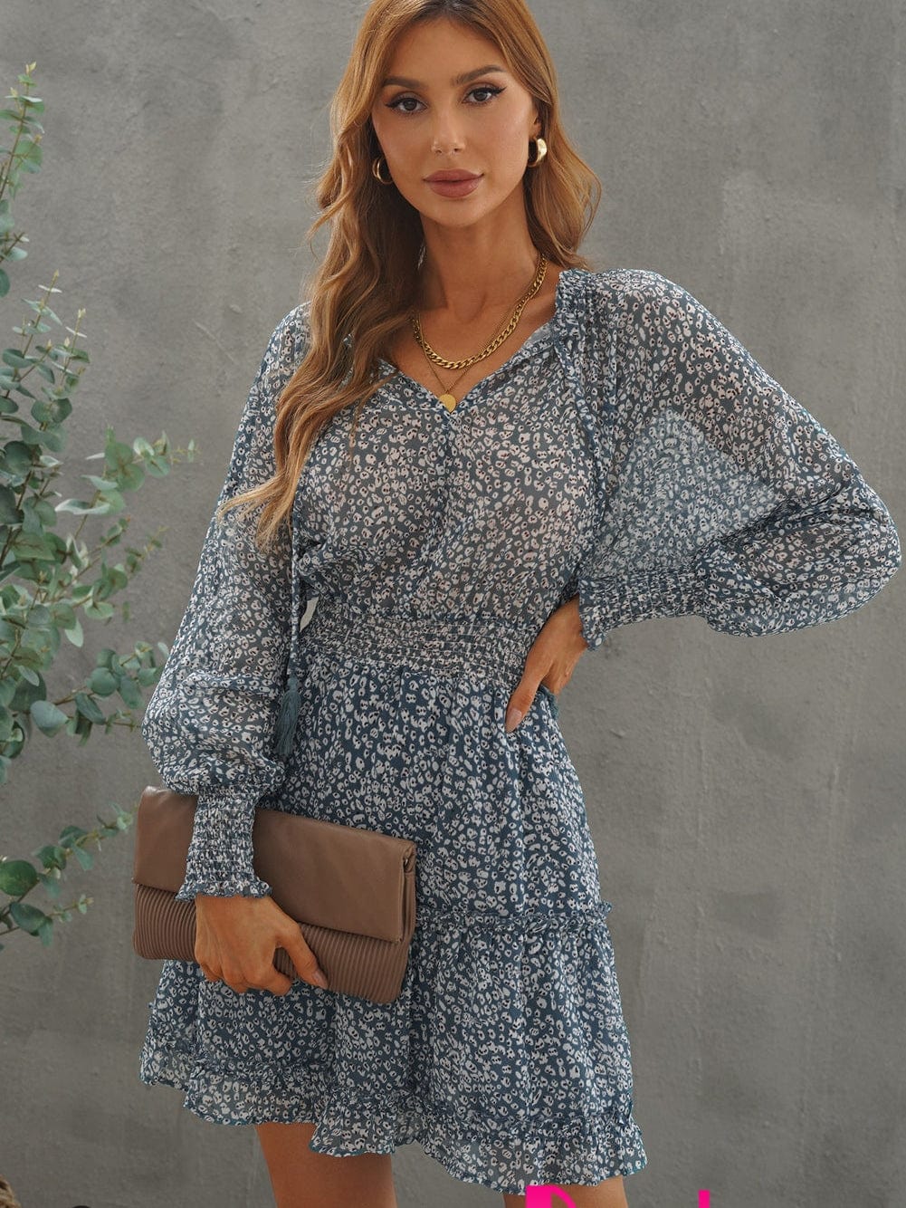 Sky Blue Leopard Print Smocked Puff Sleeve Tiered Ruffled Mini Dress