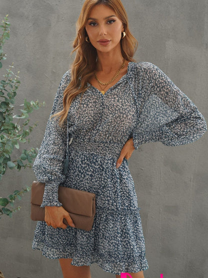 Sky Blue Leopard Print Smocked Puff Sleeve Tiered Ruffled Mini Dress