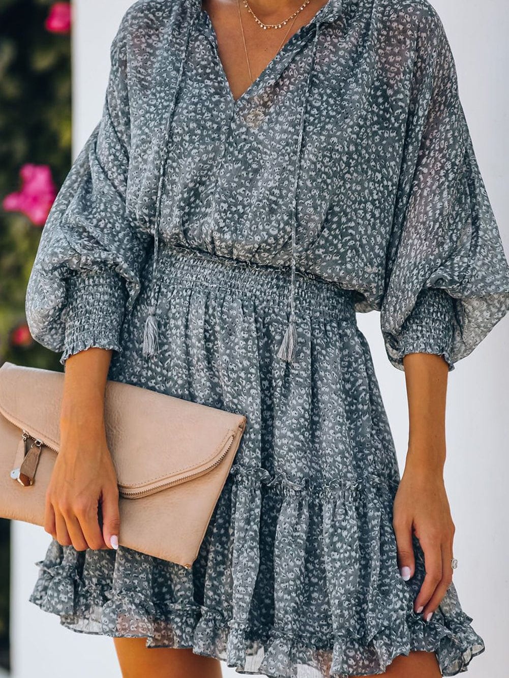 Sky Blue Leopard Print Smocked Puff Sleeve Tiered Ruffled Mini Dress