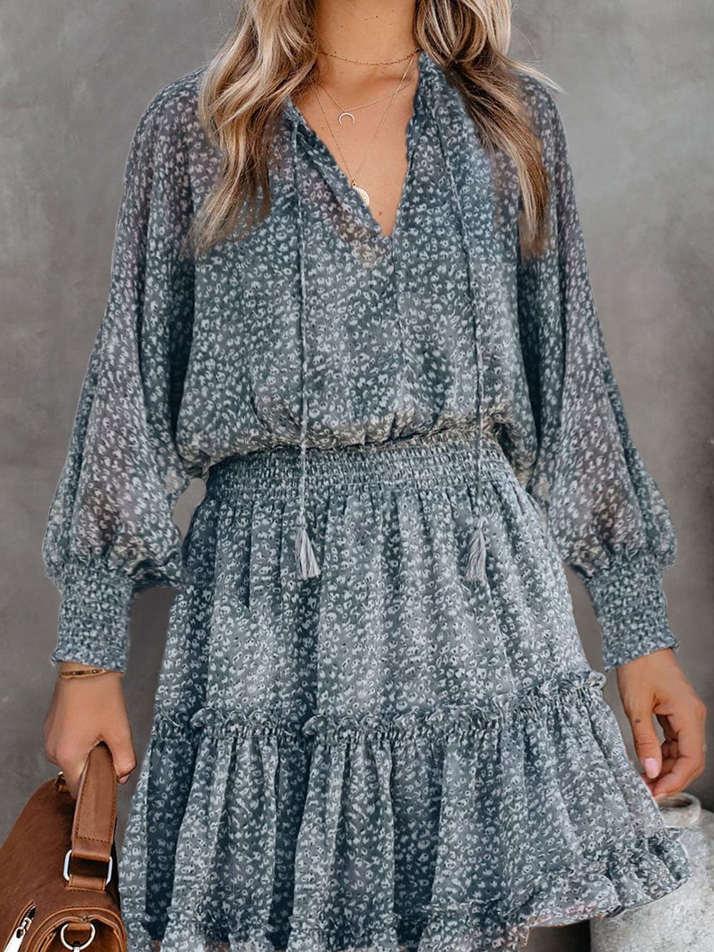 Sky Blue Leopard Print Smocked Puff Sleeve Tiered Ruffled Mini Dress