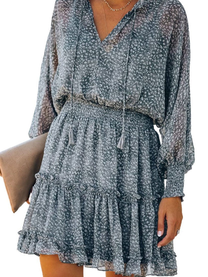 Sky Blue Leopard Print Smocked Puff Sleeve Tiered Ruffled Mini Dress