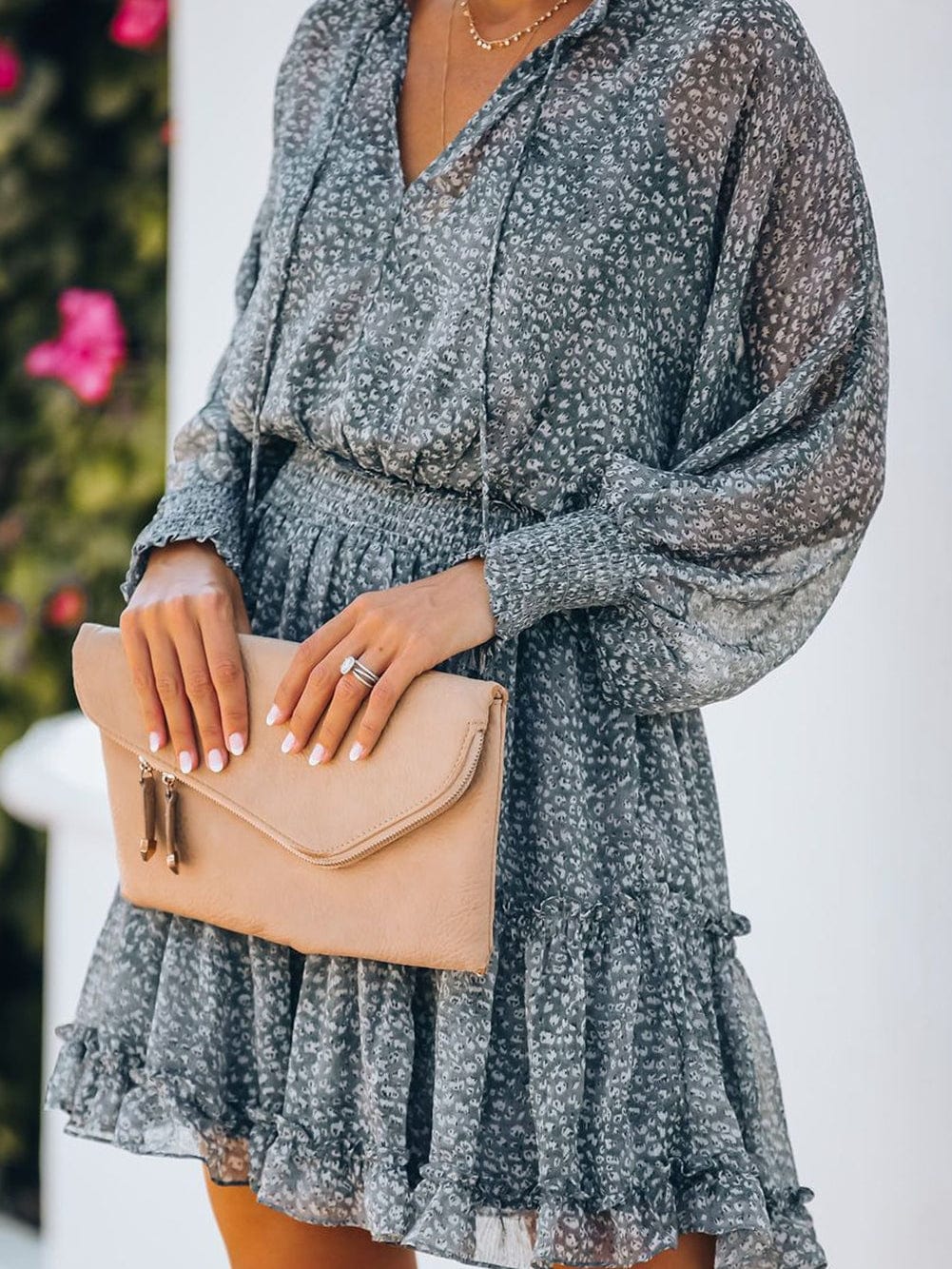 Sky Blue Leopard Print Smocked Puff Sleeve Tiered Ruffled Mini Dress