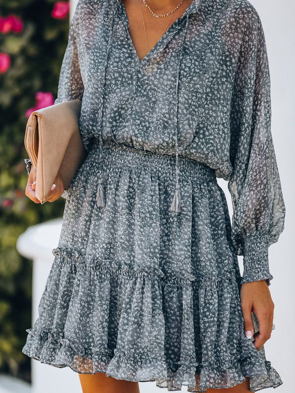 Sky Blue Leopard Print Smocked Puff Sleeve Tiered Ruffled Mini Dress