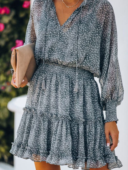 Sky Blue Leopard Print Smocked Puff Sleeve Tiered Ruffled Mini Dress