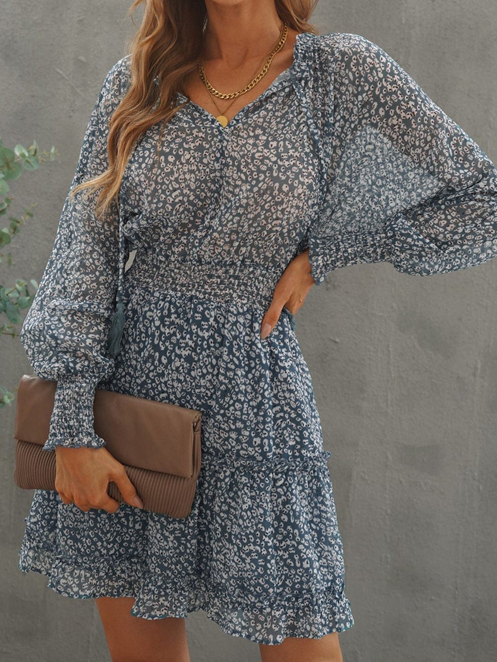 Sky Blue Leopard Print Smocked Puff Sleeve Tiered Ruffled Mini Dress