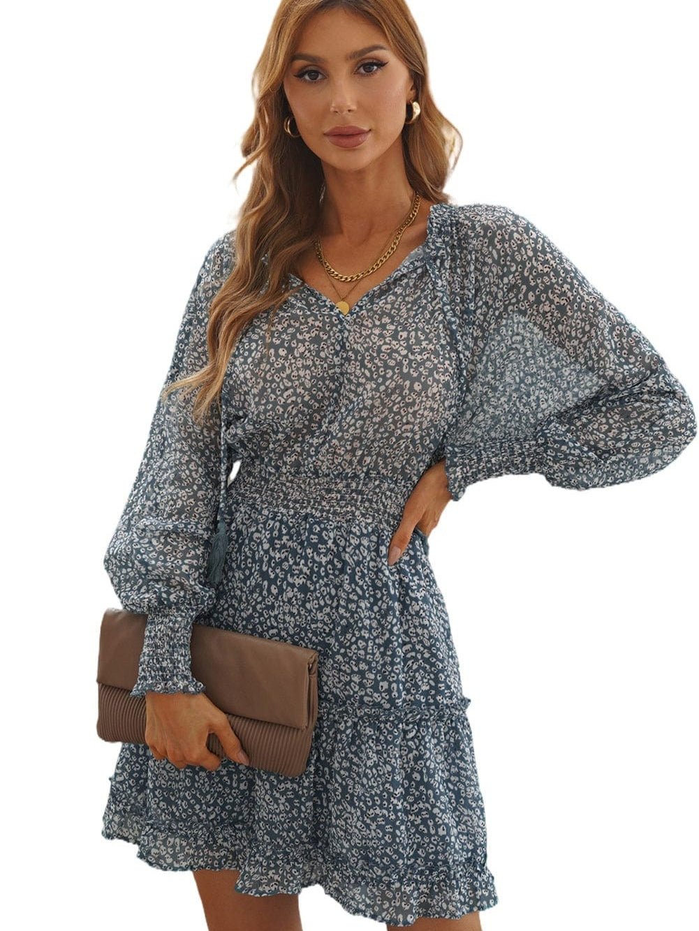 Sky Blue Leopard Print Smocked Puff Sleeve Tiered Ruffled Mini Dress