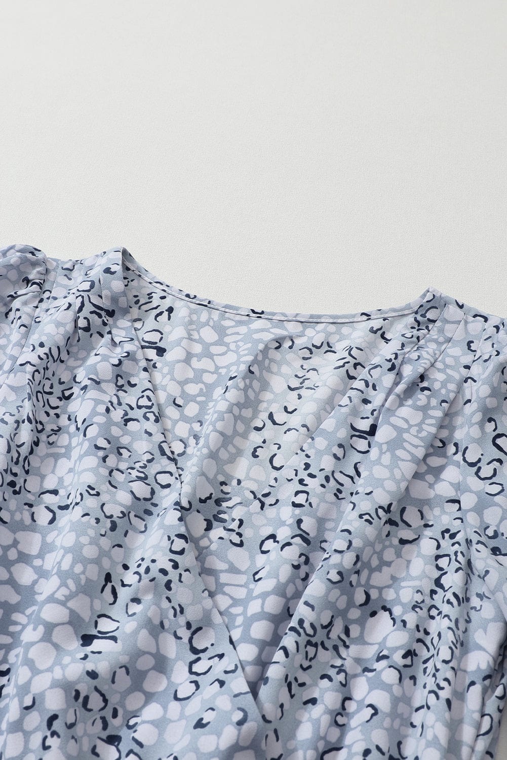 Sky Blue Leopard Print Surplice Neck Bubble Sleeve Maxi Dress with High Waist Sash