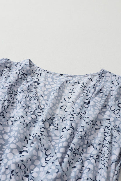 Sky Blue Leopard Print Surplice Neck Bubble Sleeve Maxi Dress with High Waist Sash