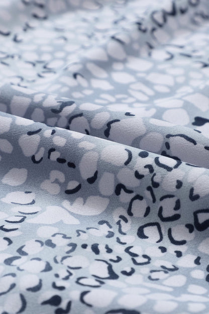 Sky Blue Leopard Print Surplice Neck Bubble Sleeve Maxi Dress with High Waist Sash