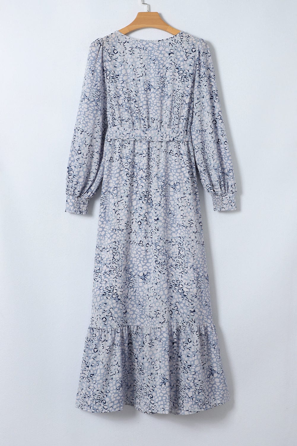 Sky Blue Leopard Print Surplice Neck Bubble Sleeve Maxi Dress with High Waist Sash