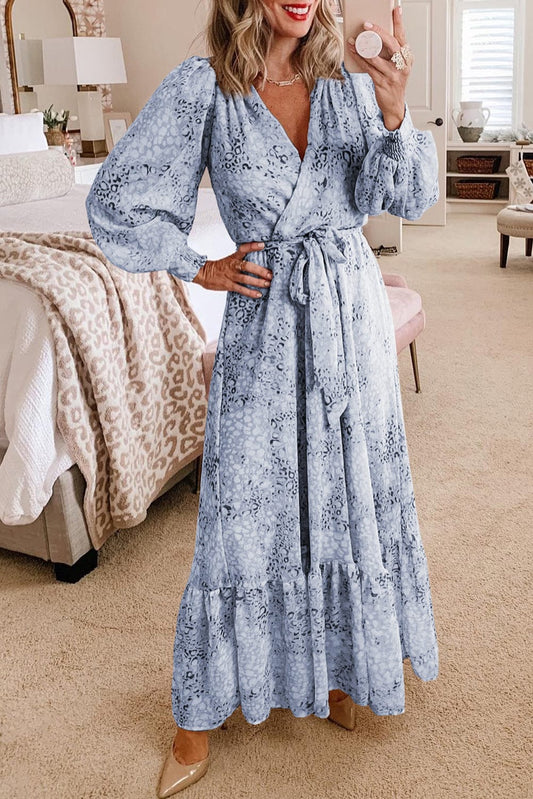 Sky Blue Leopard Print Surplice Neck Bubble Sleeve Maxi Dress with High Waist Sash