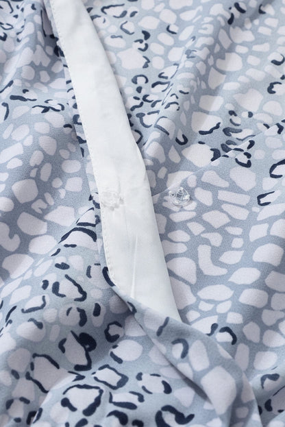 Sky Blue Leopard Print Surplice Neck Bubble Sleeve Maxi Dress with High Waist Sash