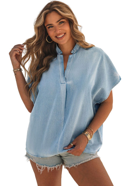 Sky Blue Oversized Denim Blouse with V Neck Split