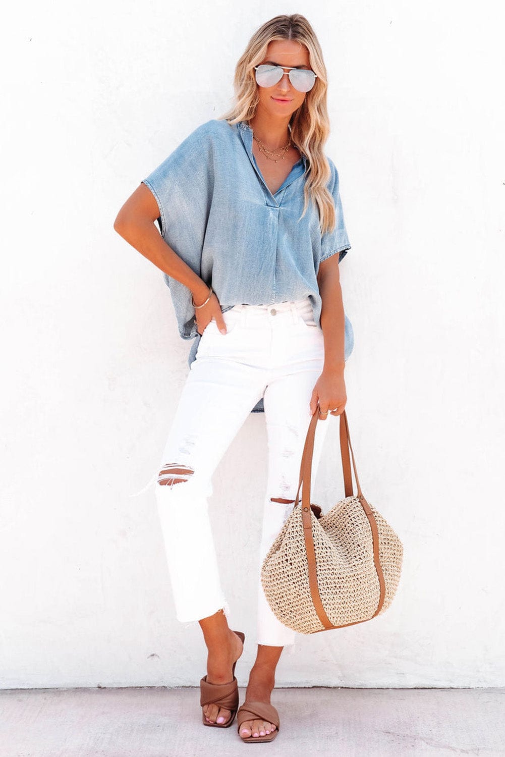 Sky Blue Oversized Denim Blouse with V Neck Split