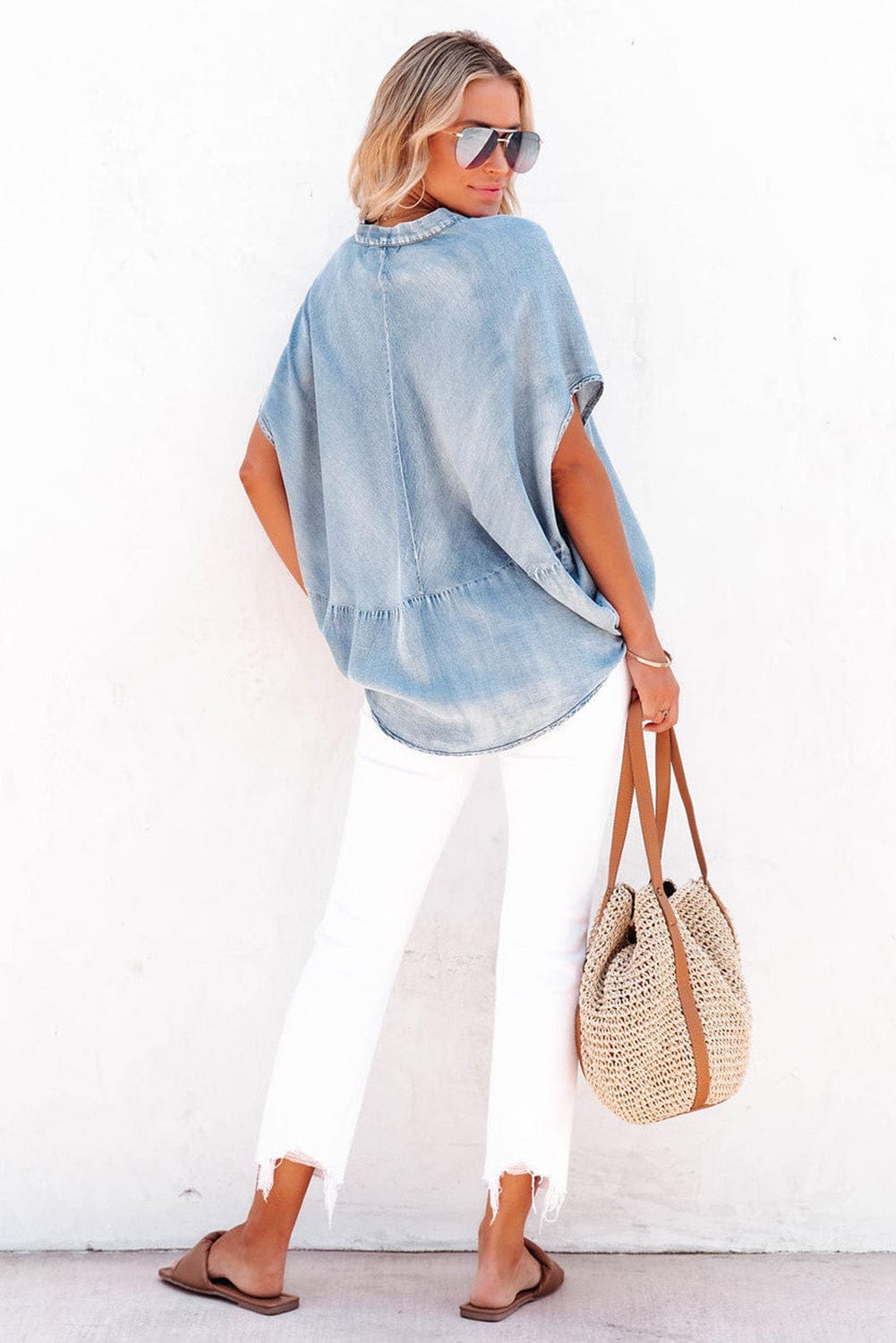Sky Blue Oversized Denim Blouse with V Neck Split