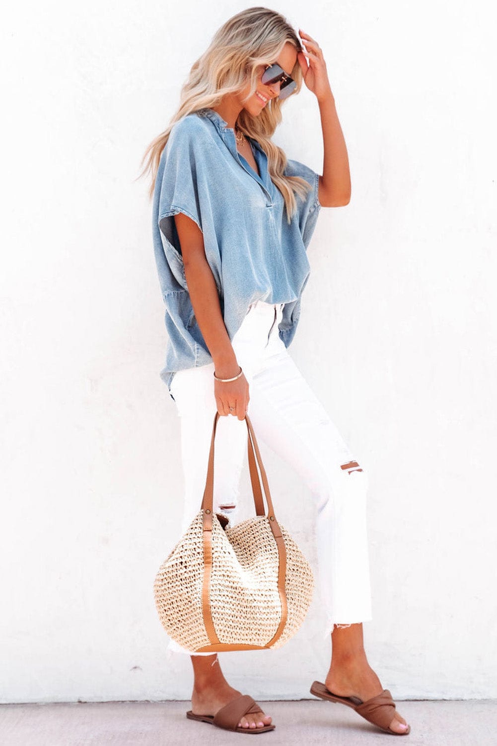 Sky Blue Oversized Denim Blouse with V Neck Split