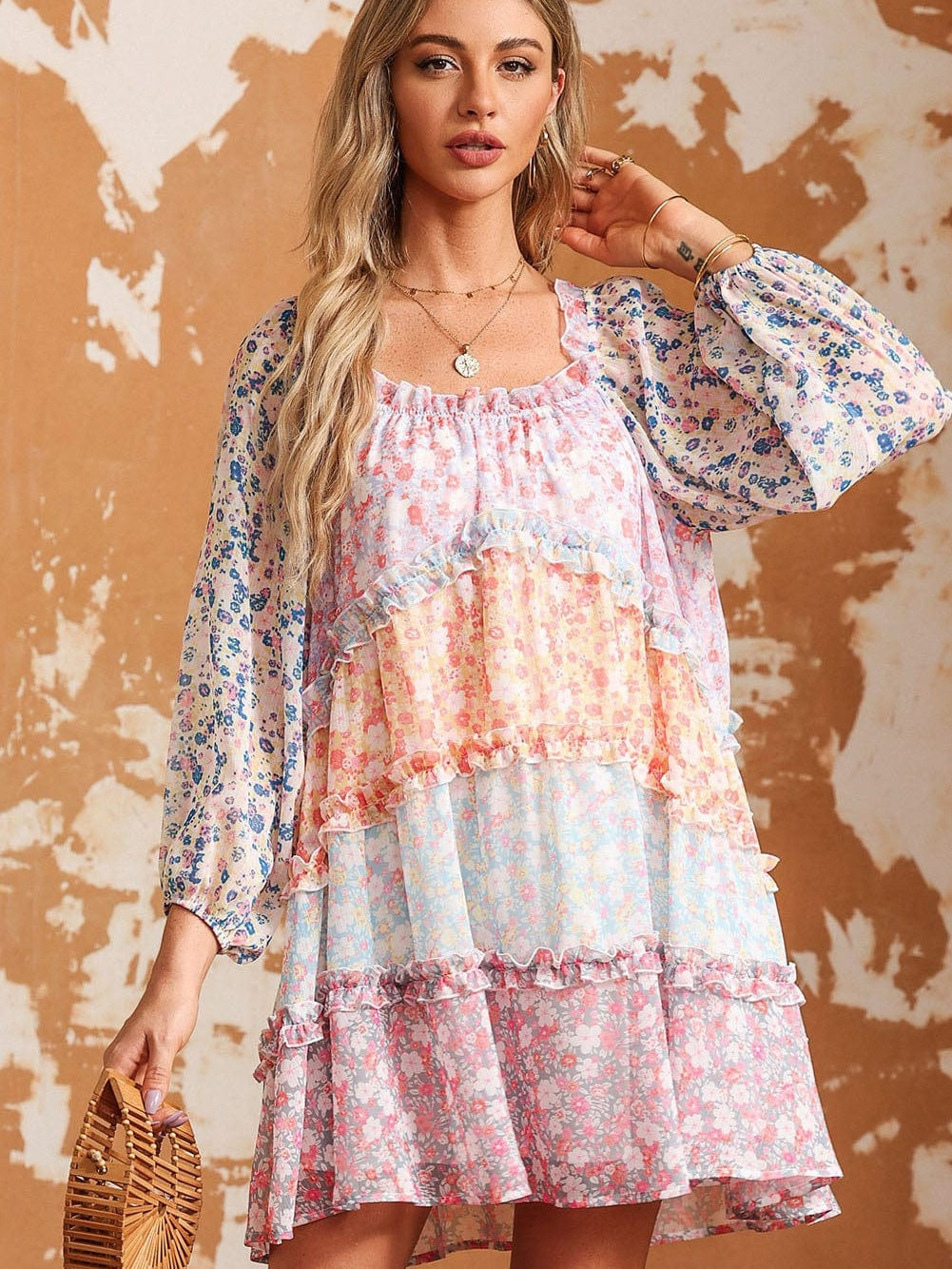 Sky Blue Patchwork Floral Babydoll Mini Dress