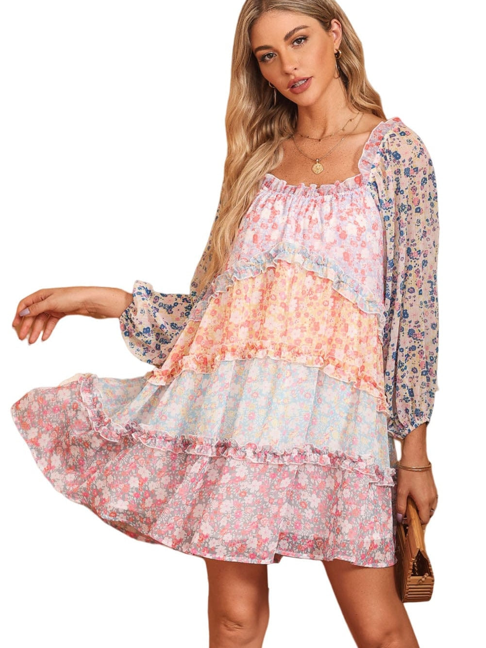 Sky Blue Patchwork Floral Babydoll Mini Dress