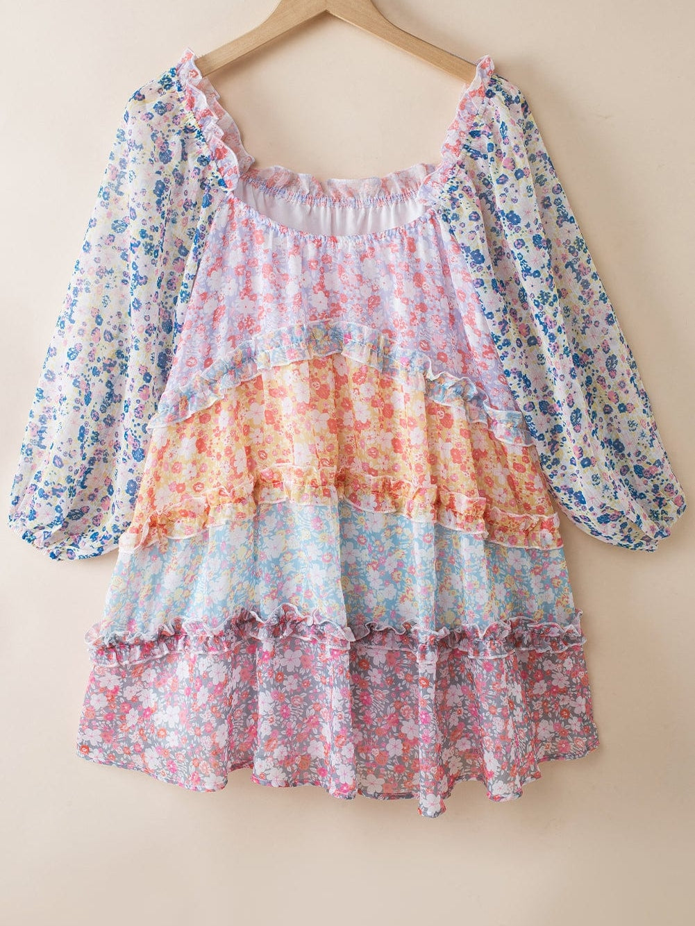 Sky Blue Patchwork Floral Babydoll Mini Dress