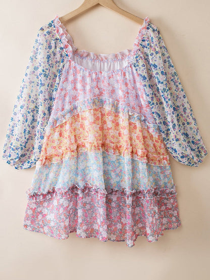 Sky Blue Patchwork Floral Babydoll Mini Dress