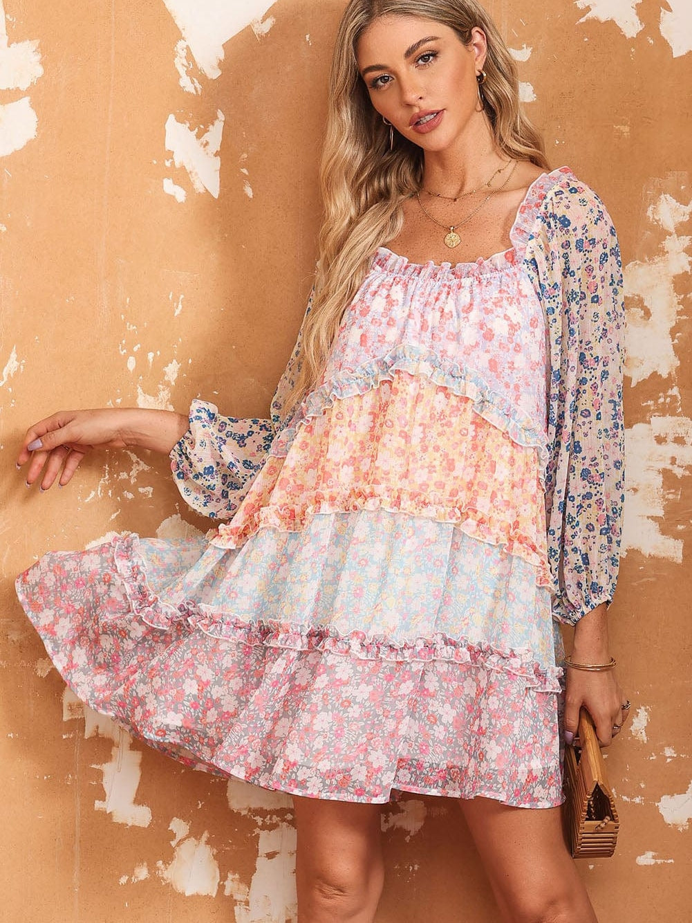 Sky Blue Patchwork Floral Babydoll Mini Dress