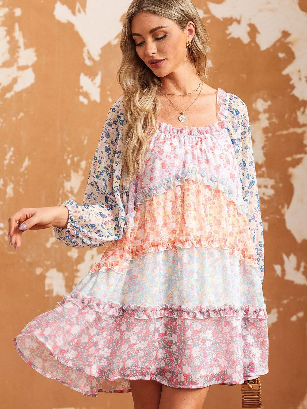 Sky Blue Patchwork Floral Babydoll Mini Dress