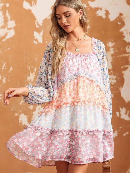 Sky Blue Patchwork Floral Babydoll Mini Dress