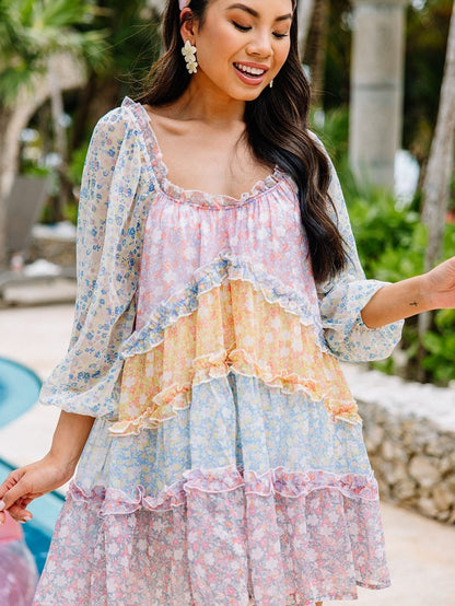 Sky Blue Patchwork Floral Babydoll Mini Dress