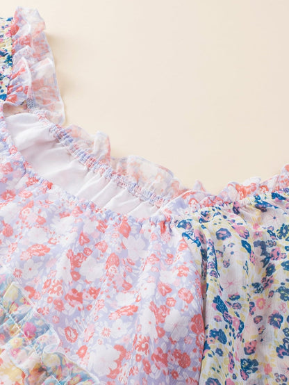 Sky Blue Patchwork Floral Babydoll Mini Dress