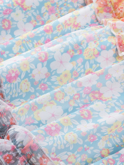 Sky Blue Patchwork Floral Babydoll Mini Dress