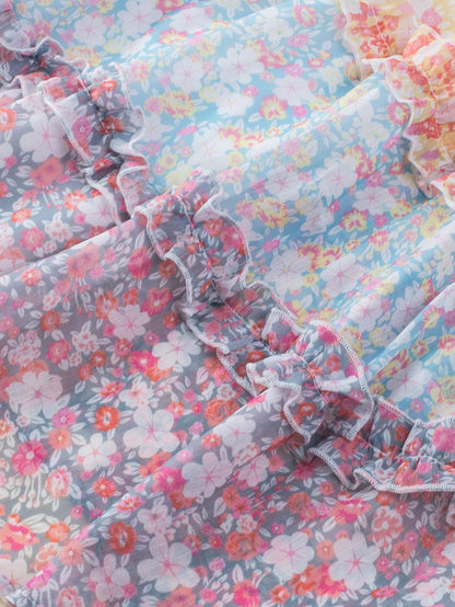 Sky Blue Patchwork Floral Babydoll Mini Dress