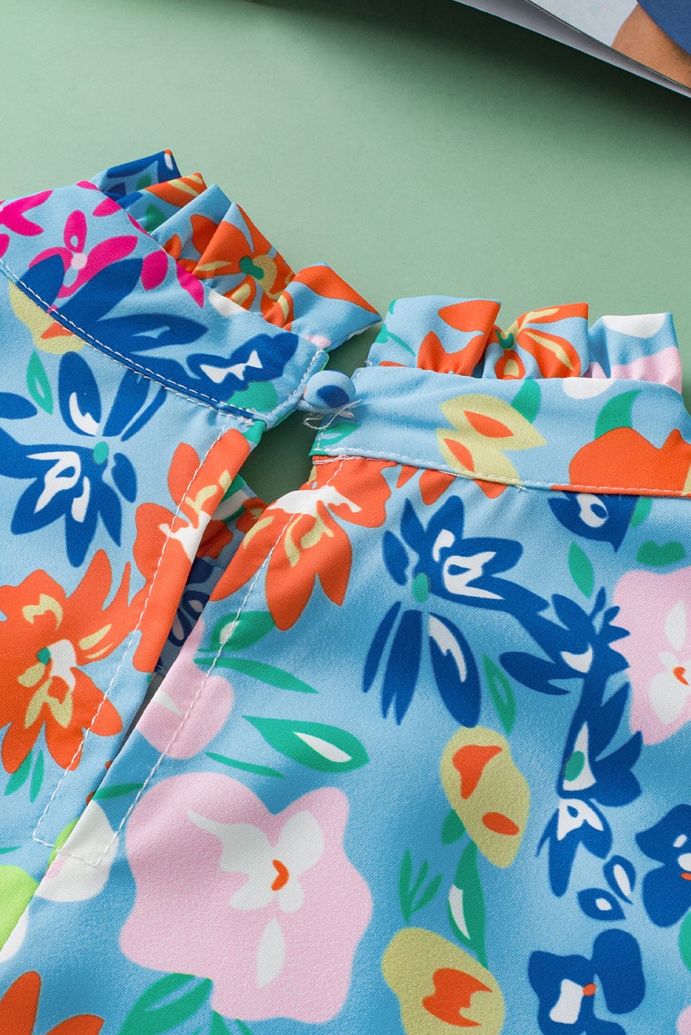 Sky Blue Ruffled Collar Floral Tank