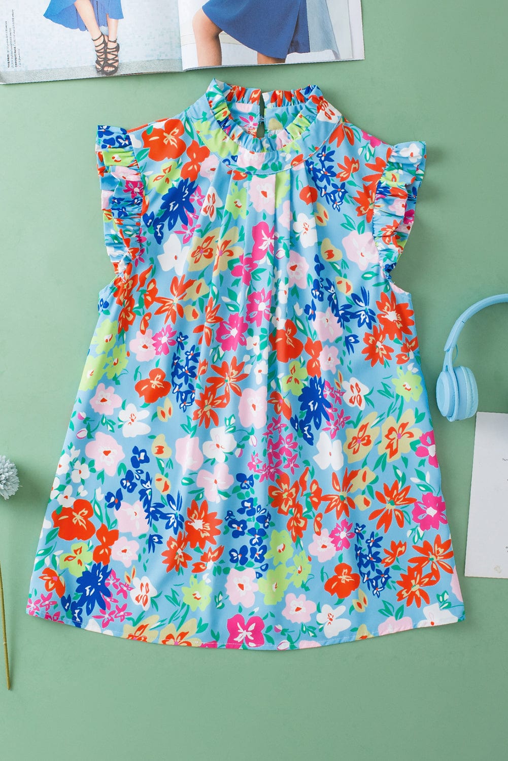 Sky Blue Ruffled Collar Floral Tank