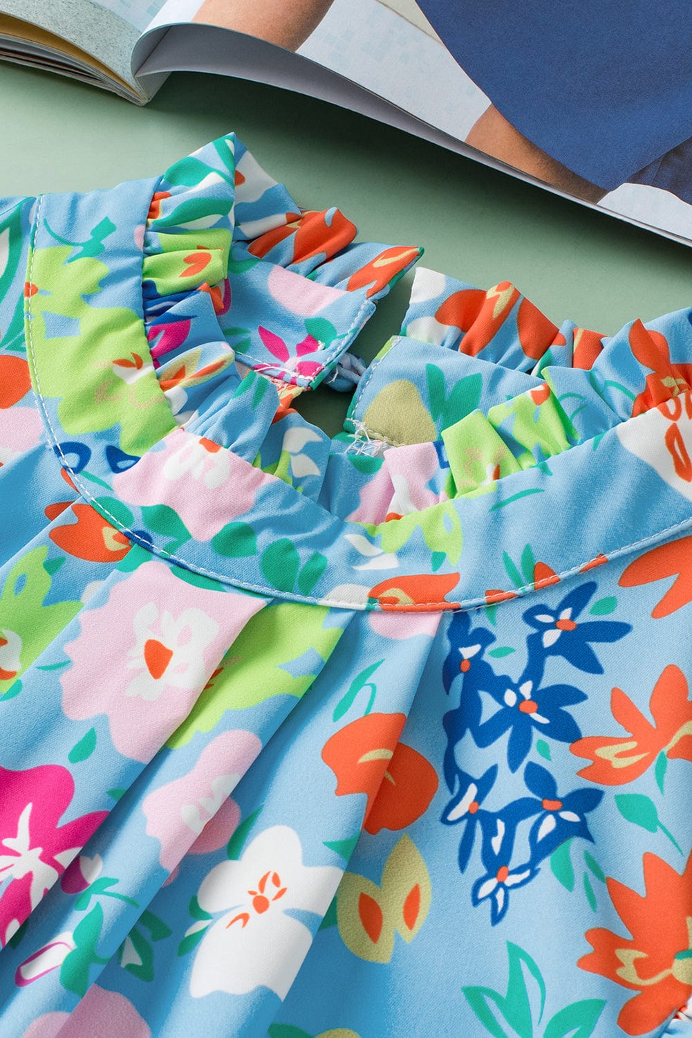 Sky Blue Ruffled Collar Floral Tank