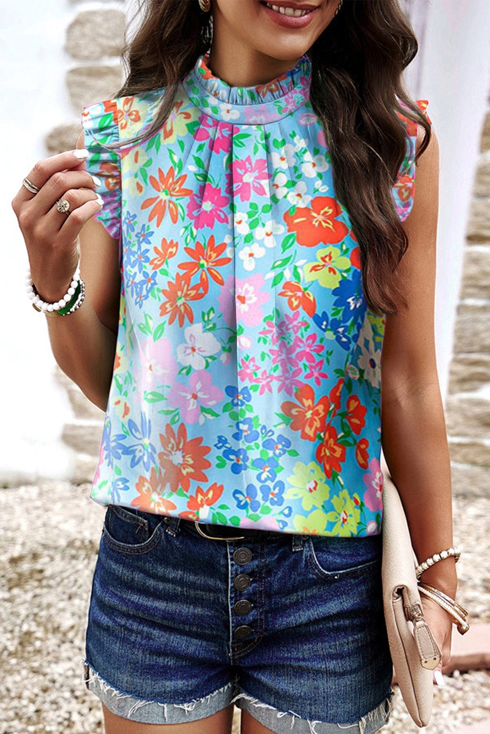 Sky Blue Ruffled Collar Floral Tank