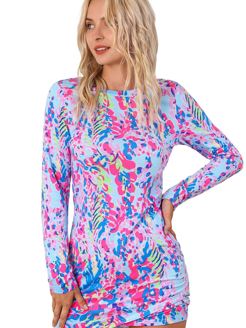 Sky Blue Spring Floral Long Sleeve Bodycon Mini Dress